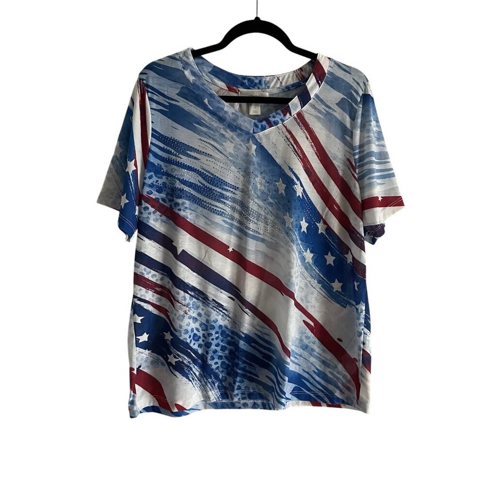 CJ Banks Women X Red/White/Blue V-Neck Rhinestone Short Sleeve Pullover T-Shirt